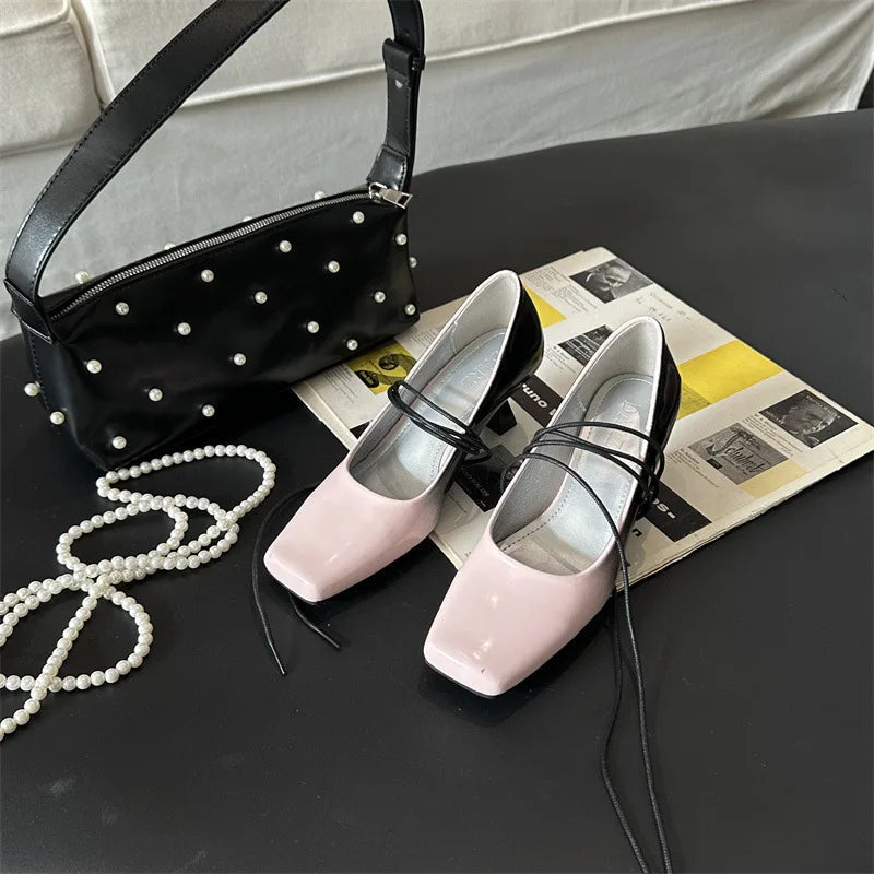 Squaretoed Mary Jane Shoes Pumps Mixed Colors Designer Slingback Shoes Female Retro Ankle Straps High Heels Mary Jane