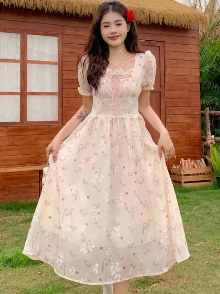 Summer French Chiffon Lace Dress Square Neck Waist Slim Shortsleeved Dress Bandage Midlength Dresses