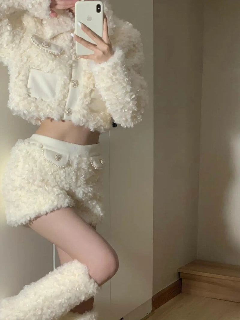 Lamb Fur Shorts Set Autumn and Winter New Plush Warm Slim Short Coat+high Waist Short Two Piece Sets Outfits