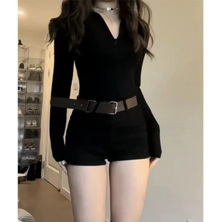 Korean Simple Vneck Long Sleeve Slim Fit Black Tops + Y2k Grunge High Waist Split Shorts Summer New Two Piece Sets