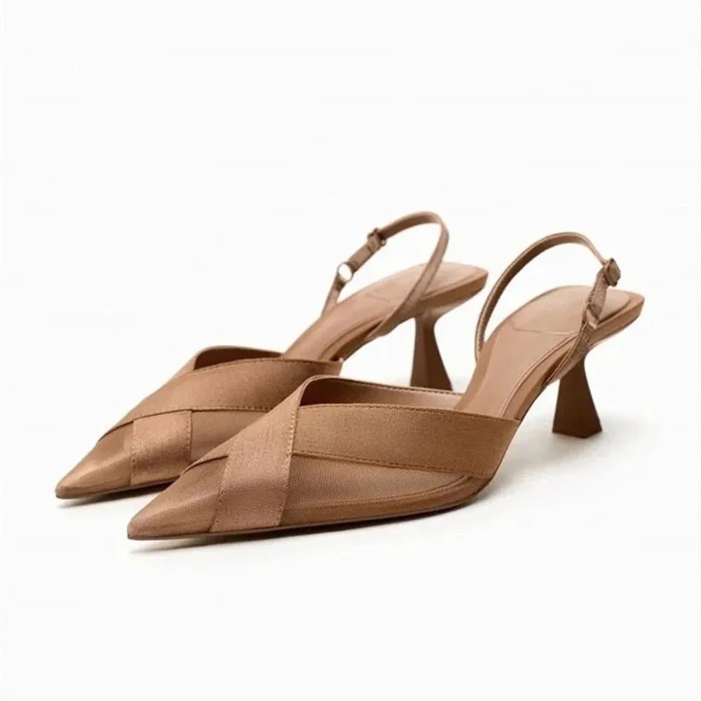 Cross Upper Pumps Slingbacks Point Head Spike Kitten Heels Sandals for Woman Khaki Heels Slipper Shoes Trend