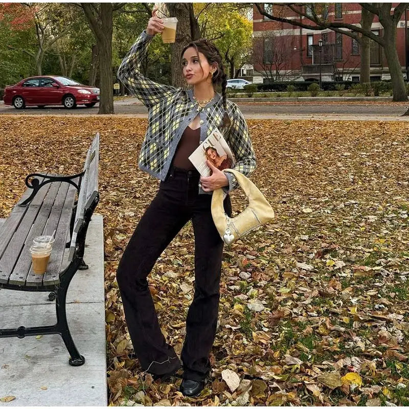 Check Plaid Knitted Cardigans Single Breasted Loose Sweaters Long Sleeve Coats Winter Lady Tops