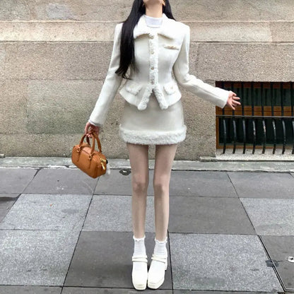 Sweet Hot Girl Maillard Style Suit Autumn/winter Woolen Patchwork Slim Coat Highwaisted Skirt Twopiece Set