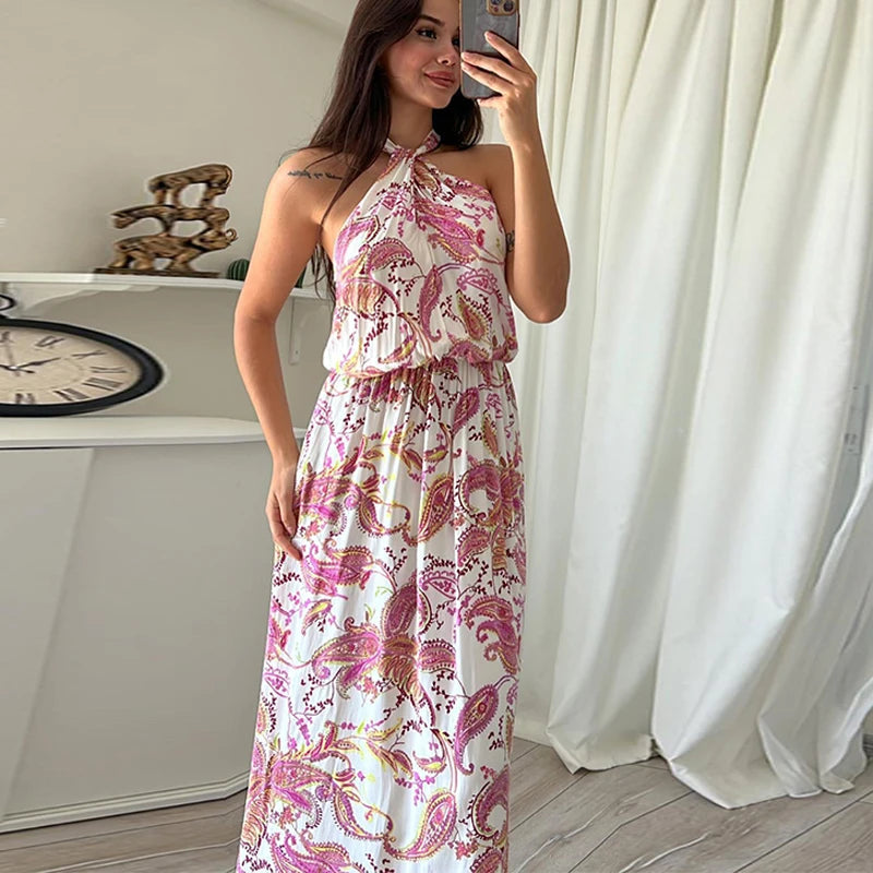 Female Off Shoulder Hollow Out Holiday Beach Dress Pattern Print High Waist Long Dress Summer Halter Loose Dress