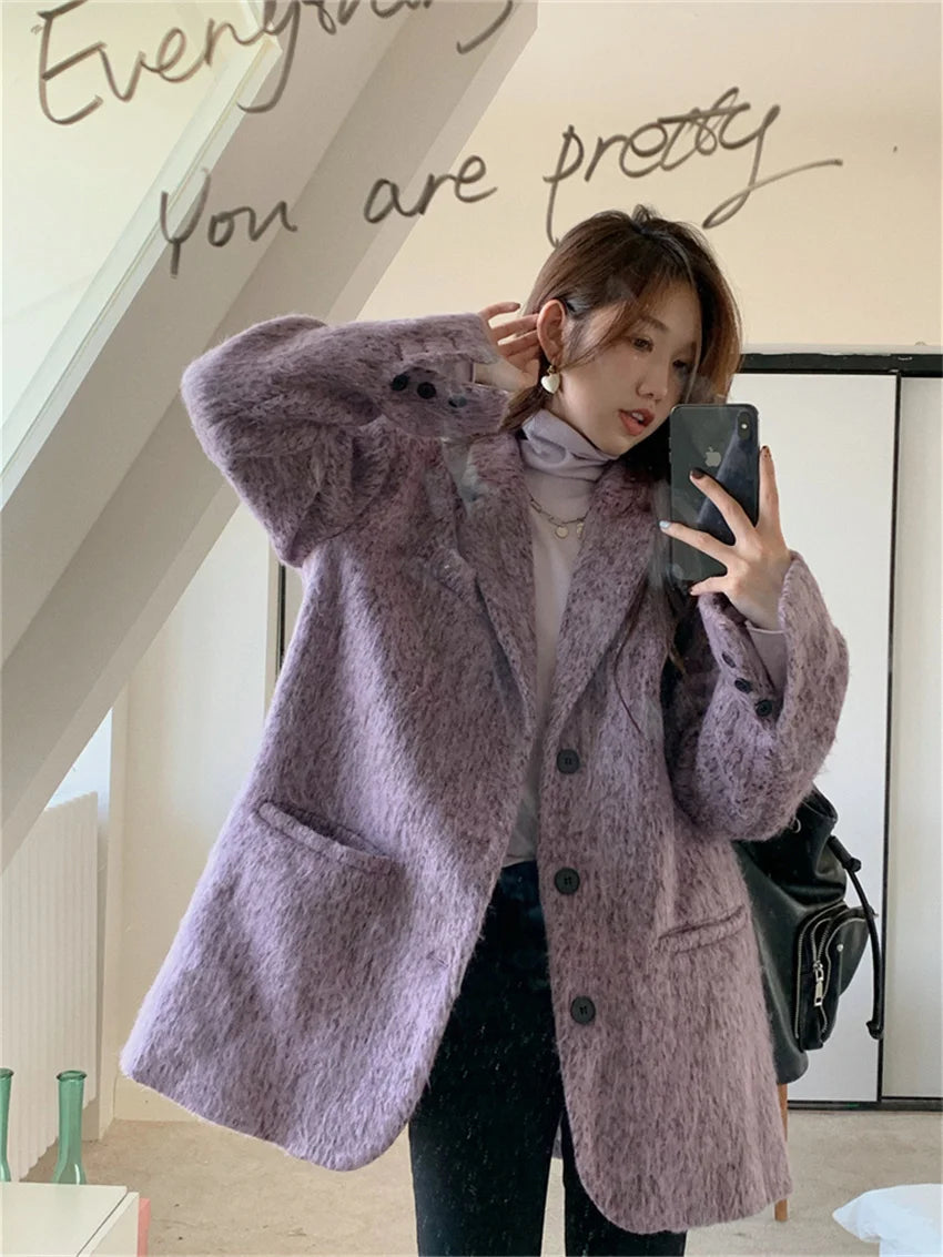 Purple Slimfit Blazers Winter Woolen Mujer Office Lady High Street Ol Warm New All Match Coats