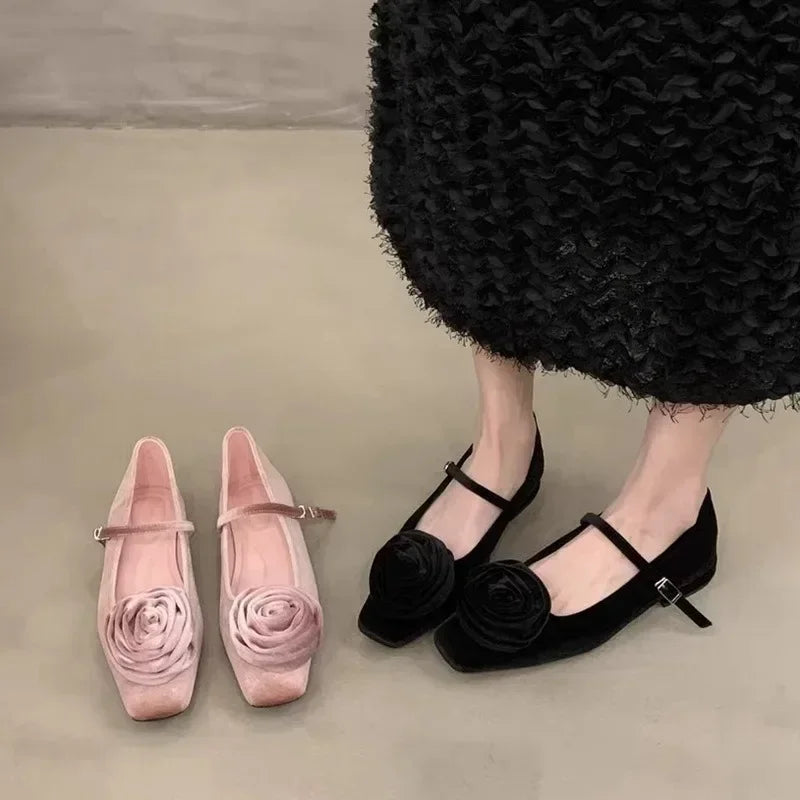 Flock Flowers Flat Shoes for Shallow Dress Shoes Comfort Soft Sole Square Toe Designer Mary Jane Ballet Shoes