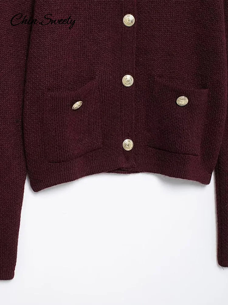 Autumn Knit Burgundy ’s Cardigans O-neck Single-breasted Long Sleeve Pocket Top Autumn Winter Lady All-match Knitwear