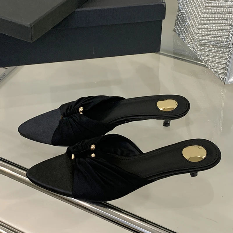Pleated Silk Hollow Out Metal Buckle Slippers Sandal Summer Pointed Toe Low Thin Heels Beach Party Female Shoes