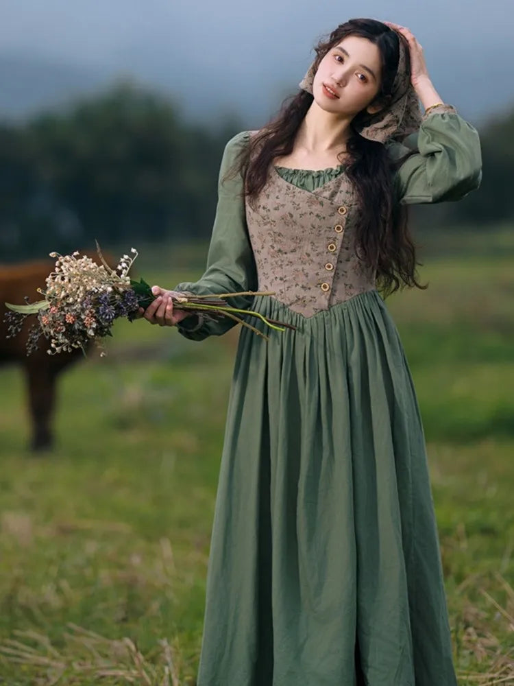 Autumn Long Dresses for Country Style Mori Slim Long Sleeve Fake Twopiece Dress Robe