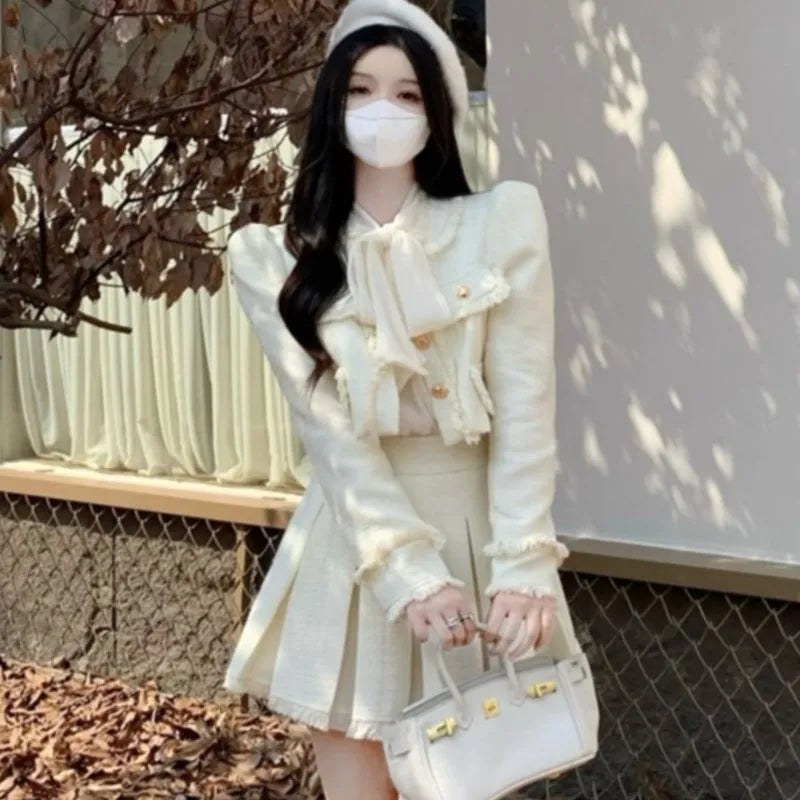 Autumn New French Tweed Two-piece Skirt Set Short Jacket Coat + Pleated Mini Skirt Suits Korean Outfits
