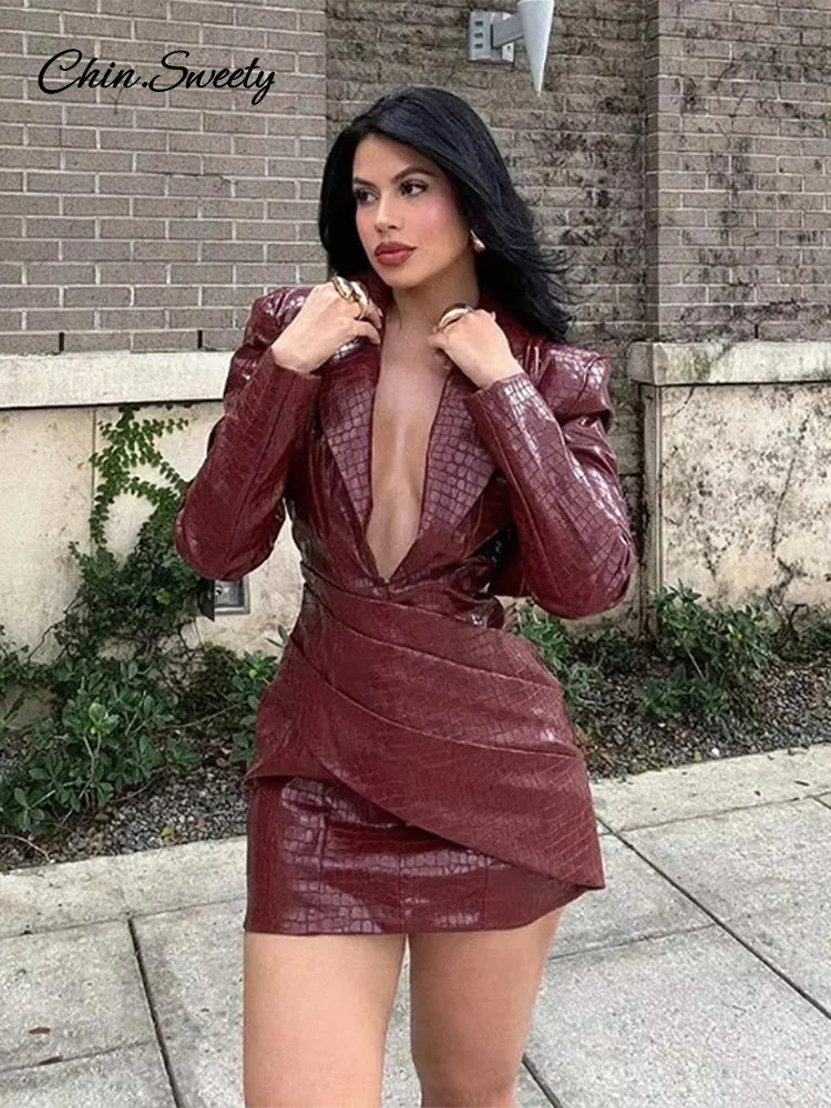 Burgundy Deep V Leather Mini Dress Lattice Shoulder Pads Long Sleeve High Waist Fold Dresses Lady Slim Short Robes