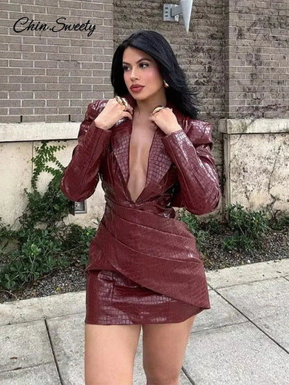 Burgundy Deep V Leather Mini Dress Lattice Shoulder Pads Long Sleeve High Waist Fold Dresses Lady Slim Short Robes