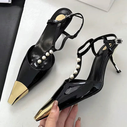 Metal Pointed Toe Stiletto Sandal Pearls Strap Buckle Designer High Heels Party Prom Shoes Summer Pumps