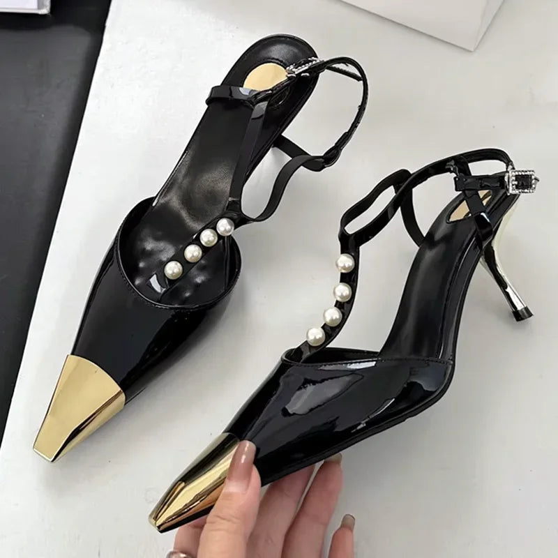 Metal Pointed Toe Stiletto Sandal Pearls Strap Buckle Designer High Heels Party Prom Shoes Summer Pumps