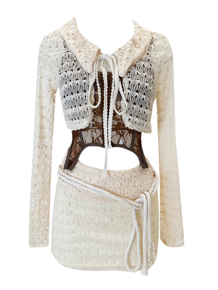 Fall Vacation Rave Crochet Night Club Outfits 2 Piece Set Long Sleeve Lace Up Crop Top + Gyaru Coquette Mini Skirt