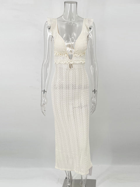Knit V-neck Maxi Dress ’s Slim High Waist See-through Patchwork Bandage Backless Dress Female Knitwear Dress
