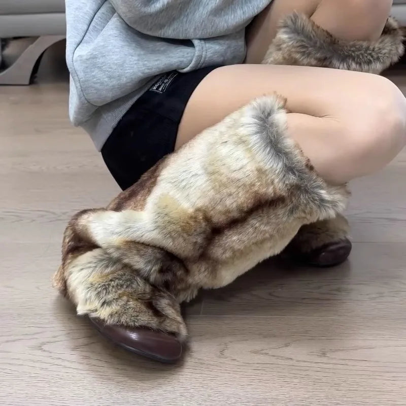 Hairy High Top Long Boots for in Winter Fashionable and Versatile, Knee Length, Low Heel, Warm Cotton Shoes, Snow Boots