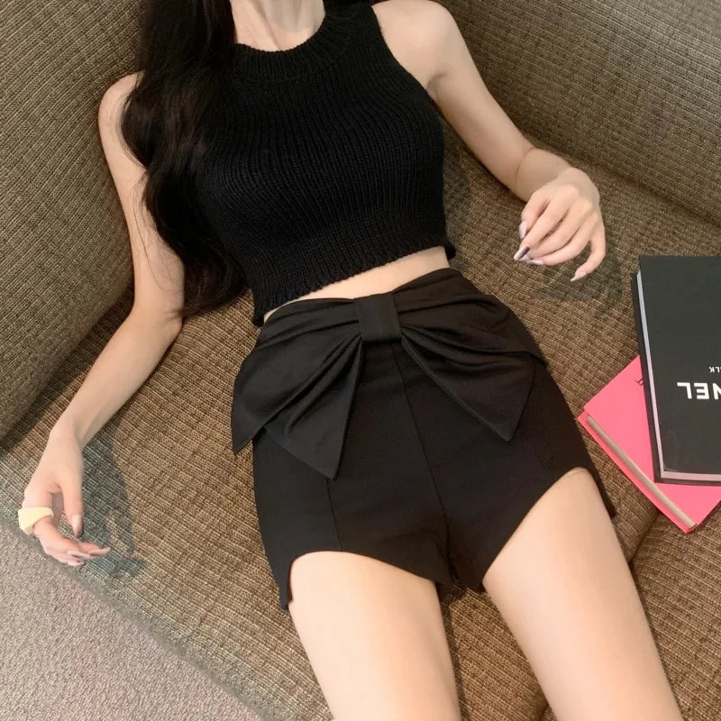 Big Bow Shorts Mujer Black Spring Summer Pants Korean Slim Pantalones Cortos
