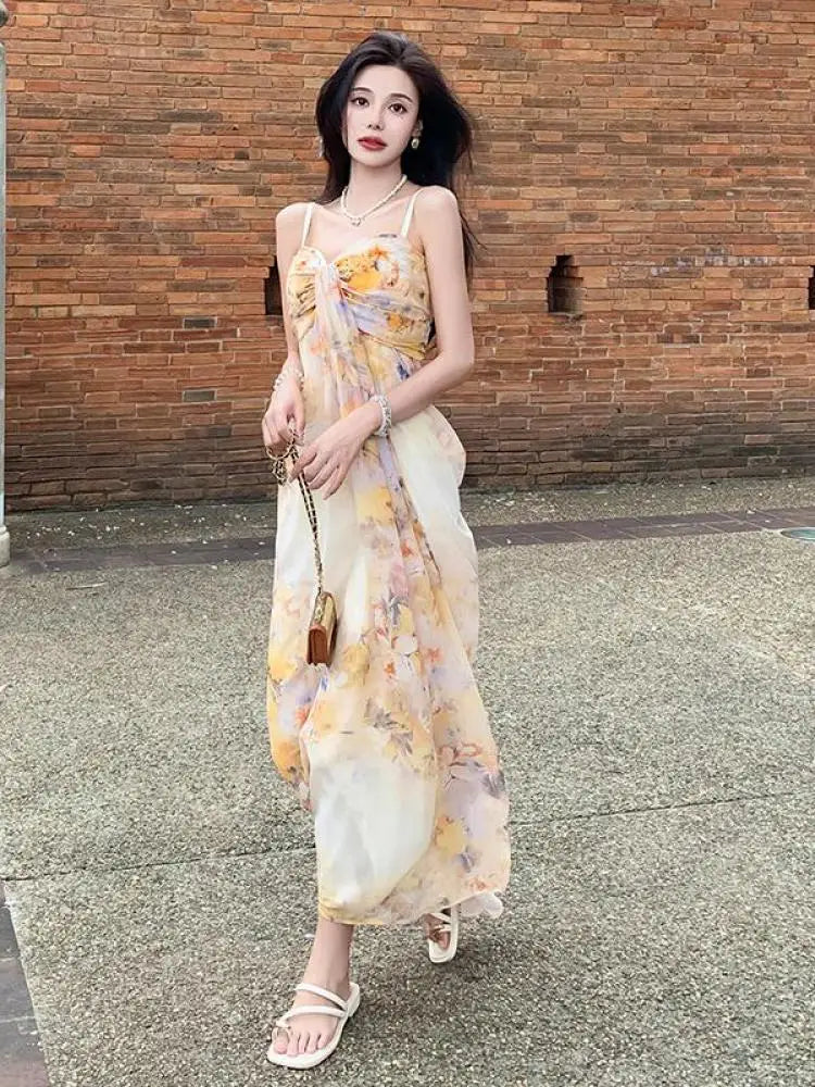 Retro Beige Yellow Print Sleeveless Pleated Slip Long Dress Summer New Holiday Evening Party Dress