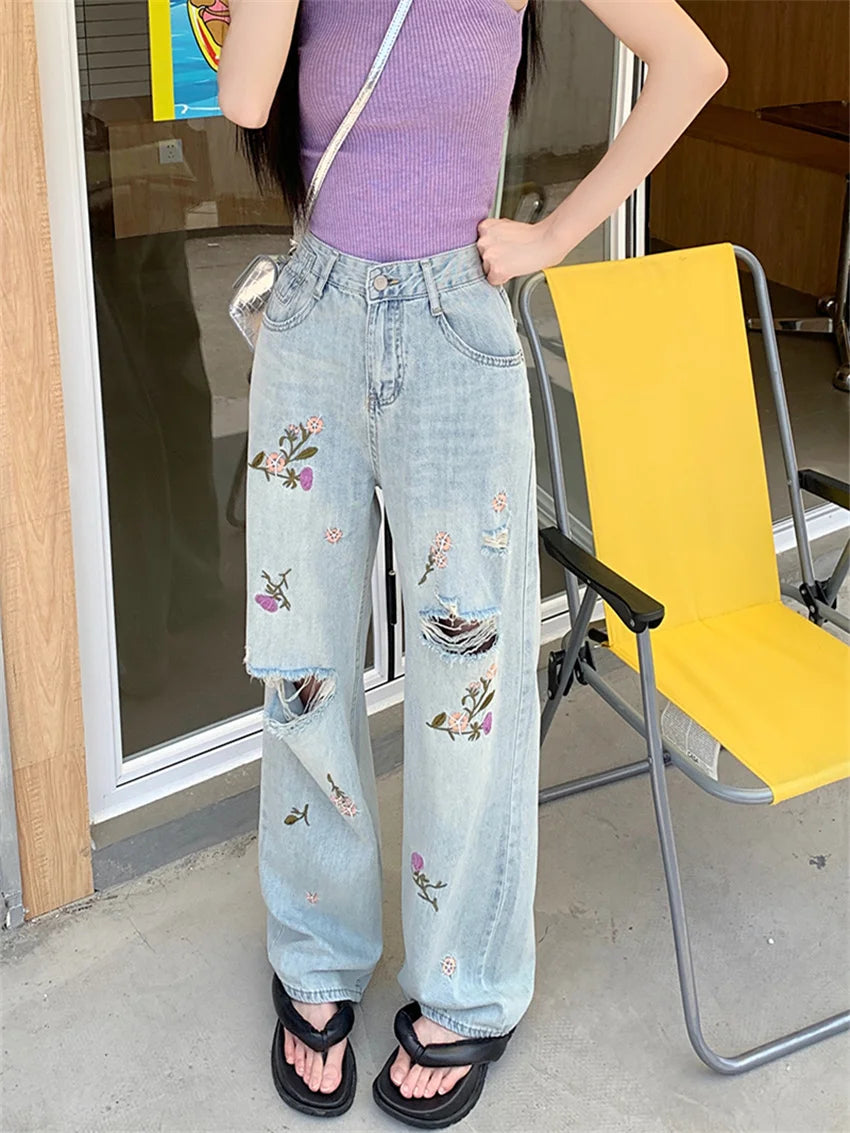 Embroidery Flowers Jeans Autumn Ol Hole Loose Slim New Straight Denim Pants