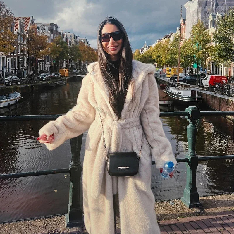 Belted Faux Mink Fur Coat Winter Beige Gradient Furry Fur Jacket Brand Hooded Warm Outerwear Overcoat