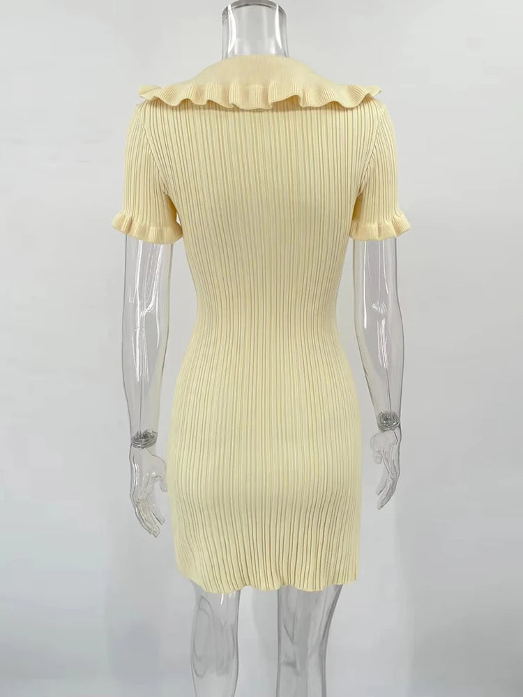 High Waist Ruffled Mini Dresses for Summer Short Sleeve Knitted Slim Fit Dress ’s Dress Woman