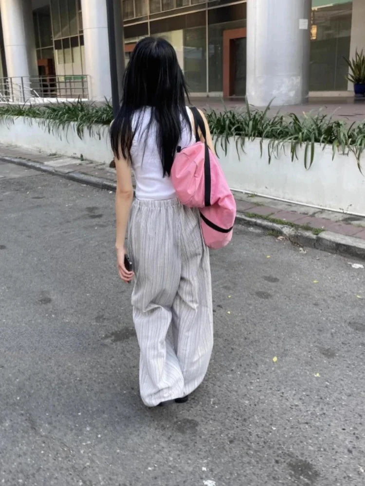 Korean Trousers Drawstring Wide Leg Pants 2000s Y2k Sport Striped Summer Oversize Loose