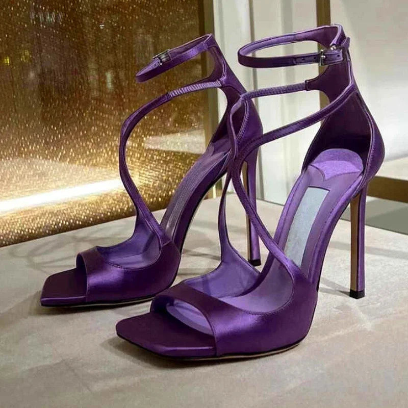 Silk Thin High Heels Brand Banquet Dress Shoes Open Toe Crosstied Pumps Designer Sandals Female