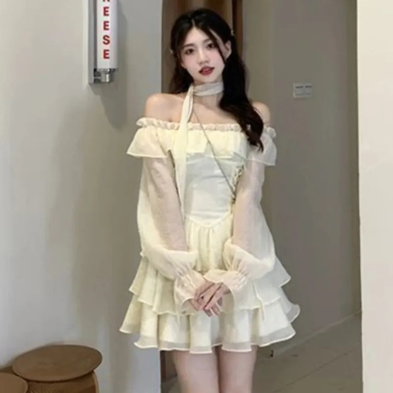 Mini Dresses Woman Off Shoulder Ruffles Aline Long Sleeve Laceup Short Party Dress Korean One Piece New