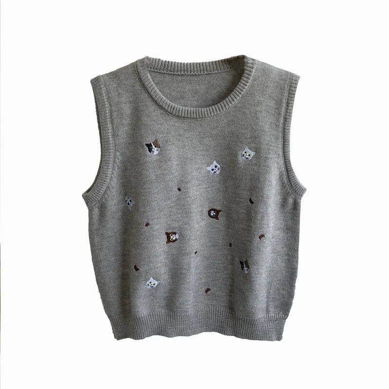 Korobov Cat Embroidery Preppy Sweater Vest Female Chalecos Para Mujeres Grey Temperament Autumn Loose Knitted Waistcoat Top