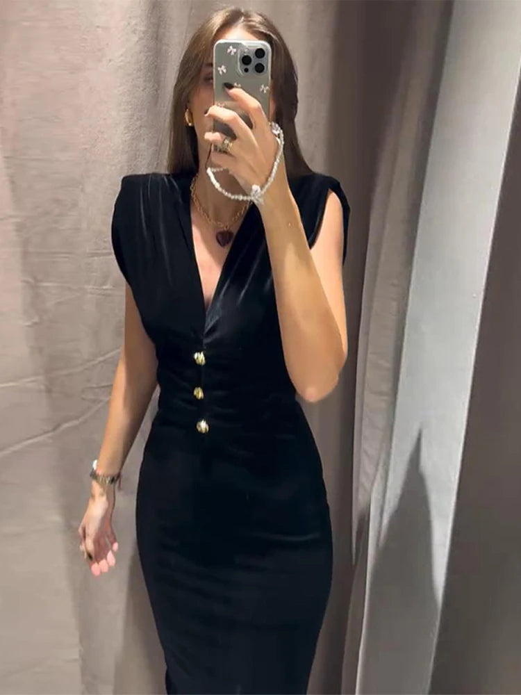 Velvet V-neck Pleated Long Dresses Slim Black Single Metal Breasted Sleeveless Evening Dress Female