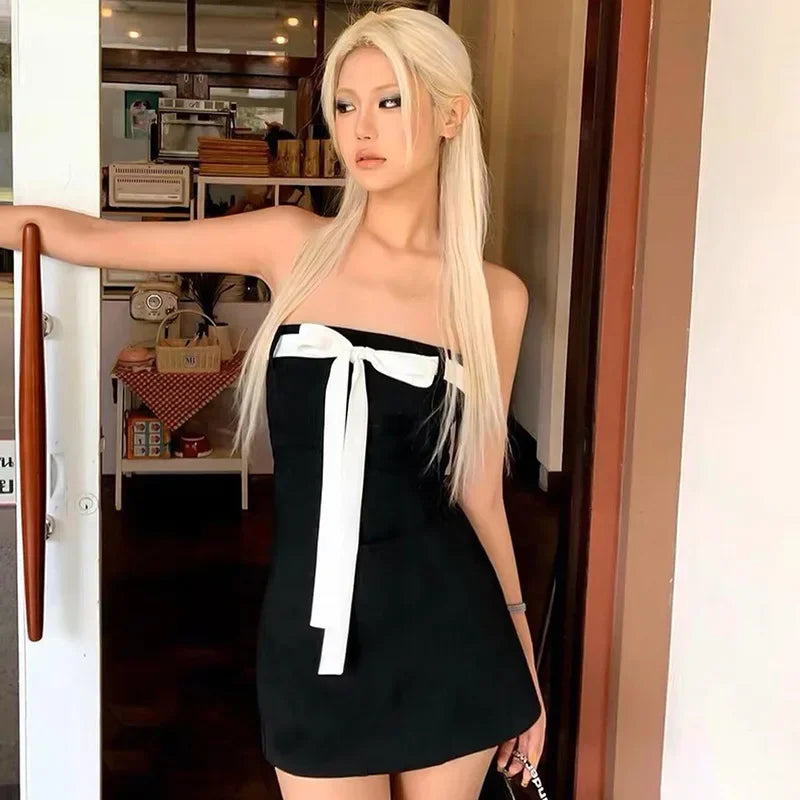 Bow Tie Tube Top Backless Mini Dresses for Y2k Black Dress Party Night Club Outfits