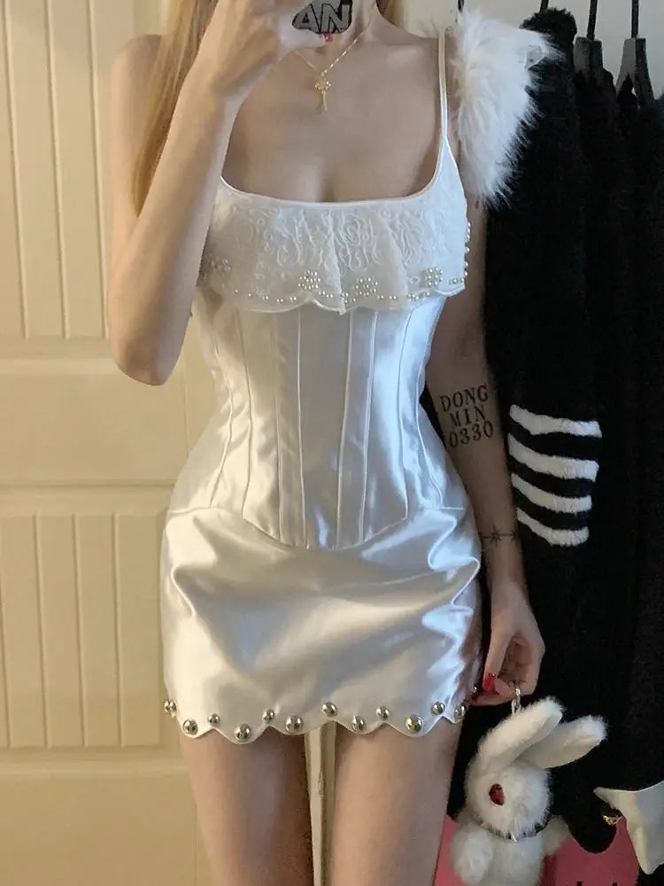 White Lace Satin Strap Heavy Industry Camisole Dress for Summer New Spicy Girl Slimming Wrap Hip Mini Dress