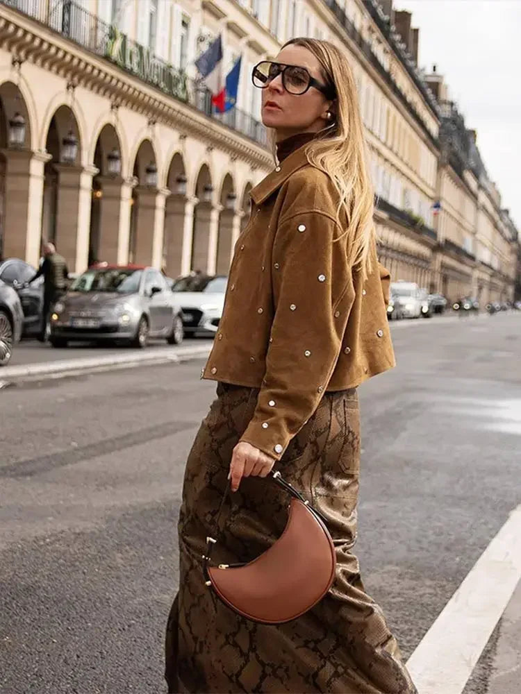 Metal Buckle Short Jacket Lapel Long Sleeves Zipper Cropped Coat Autumn New Female High Street Outwear
