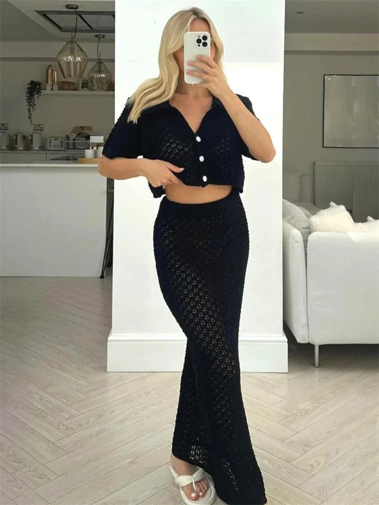 Knit Hollow Out 2 Piece-set Long Skirt ’s Cropped Top Cardigan and High Waist Maxi Skirt Outfits Female Clothes
