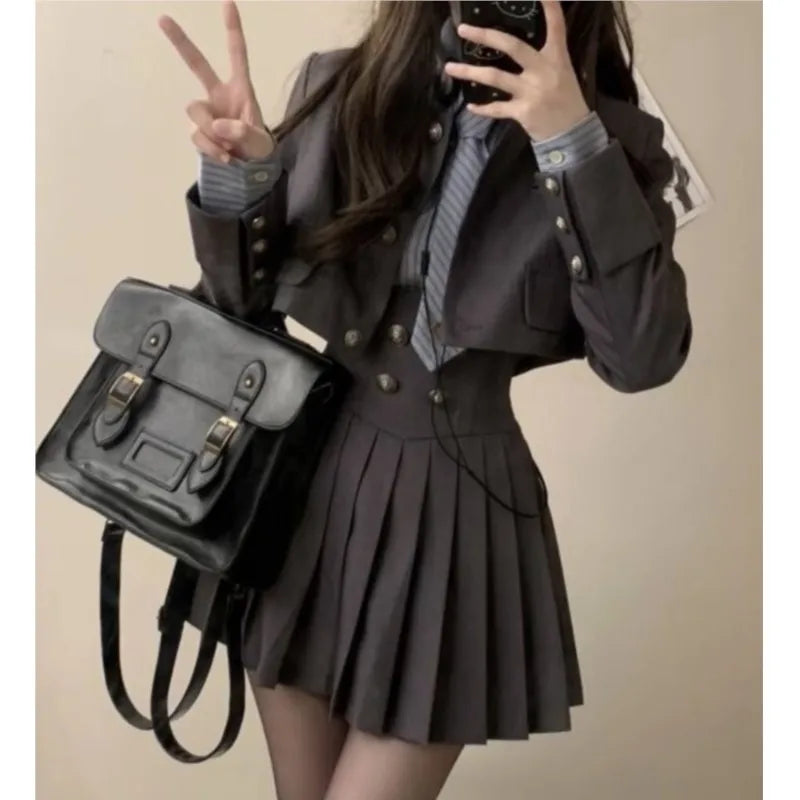 Autumn New 3 Piece Set Kawaii Skirt Suits Female Short Coat Pleated Mini Skirt Striped Shirt Y2k Korean Outfits