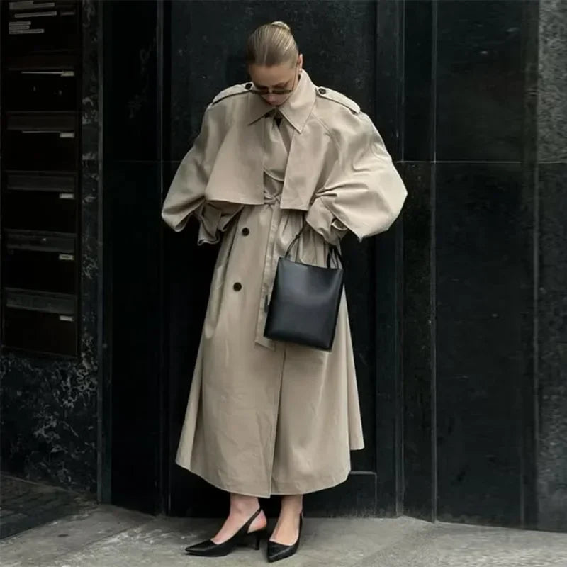 Trench Coat Lace Up Turn-down Collar Lady Long Jackets Autumn Winter Female Street Outwear New