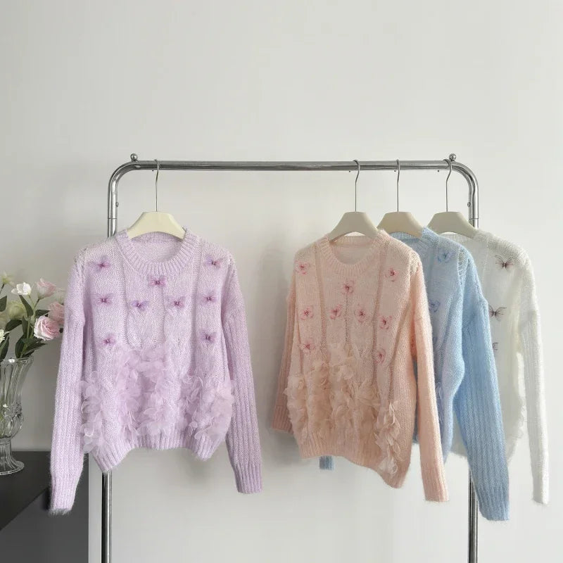 Sweet Hot Girl Butterfly Flower Sweater Autumn/winter Oneck Loose Longsleeved Knitted Sweater Female Clothes