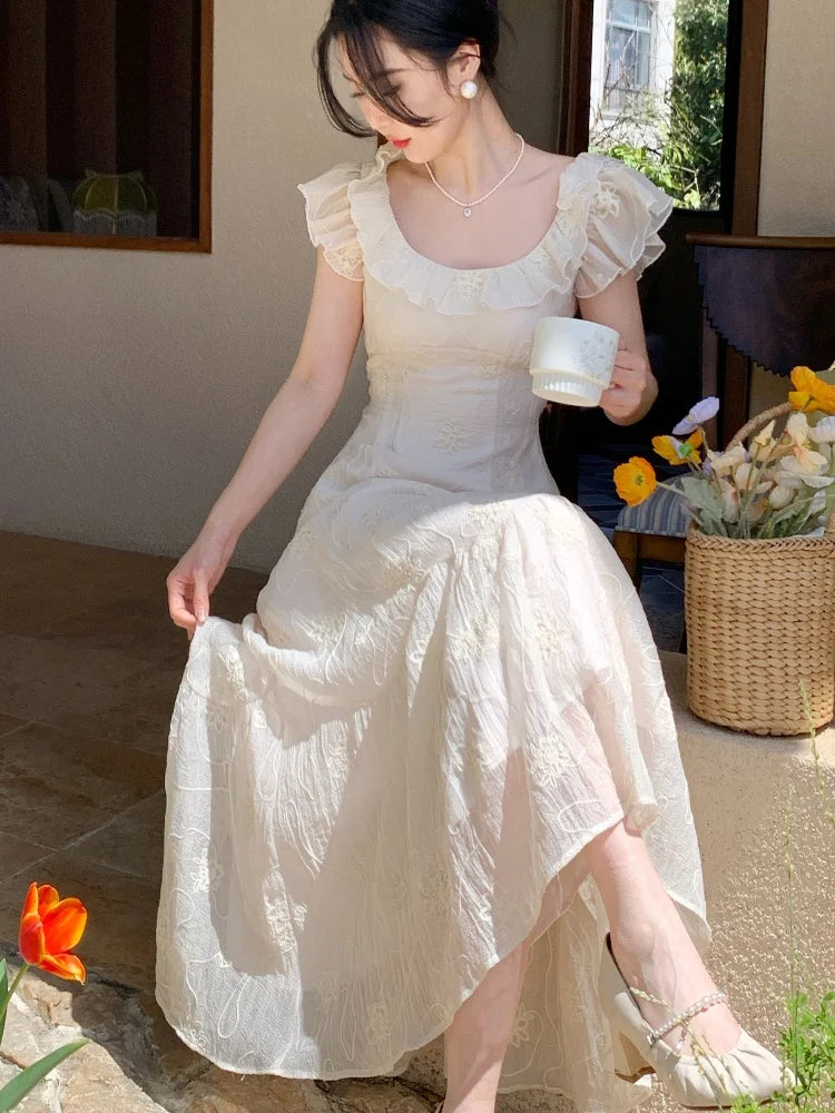Summer French Midi Dress Ruffles Slim Party Dress Holiday Beach Korean Vestidos