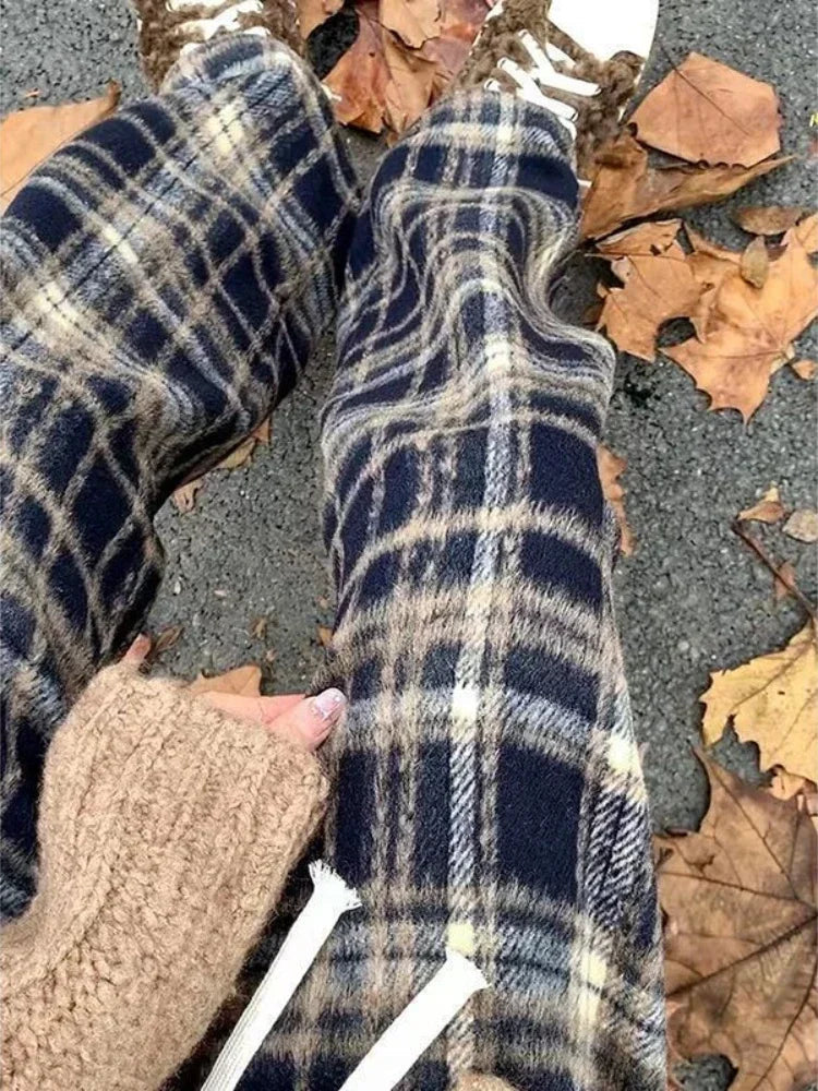Red Plaid Pants Harajuku Korean Style Checked Trousers Y2k Classic Pants Warm Winter Wide Leg