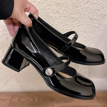 Sweet Round Head Patent Leather Mary Jane Shoes Brand Design Square Heel Tripping Strap Party Wedding Single Shoes