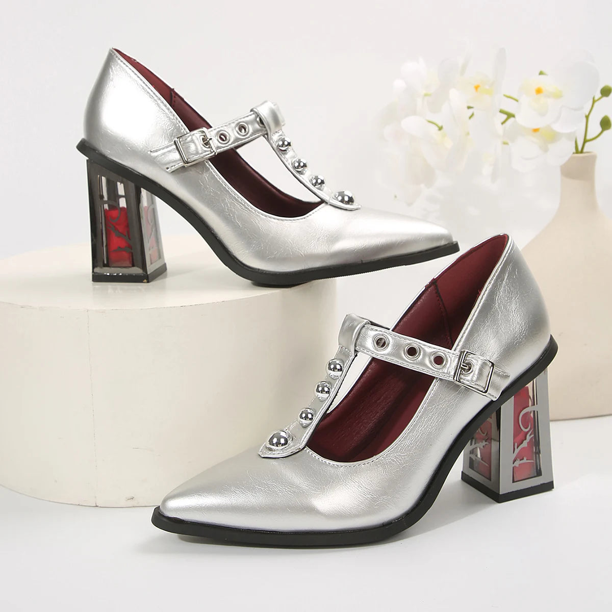 Punk Pointed Toe High Heels Pumps New Thick Rose Heeled Dress Shoes Woman Y2k Tstrap Mary Jane Shoes