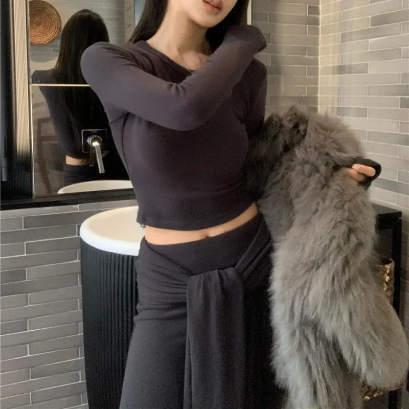 Autumn New Laceup Color Wide Leg Pants + Slim Longsleeved Tshirt Twopiece Suit