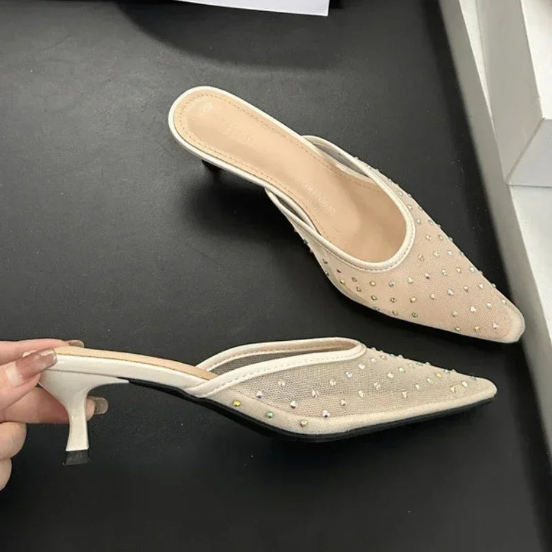 Summer Mesh Rhinestone High Heels Breathable Pointy Toe Shallow Mouth Dress Shoes Slippers Female
