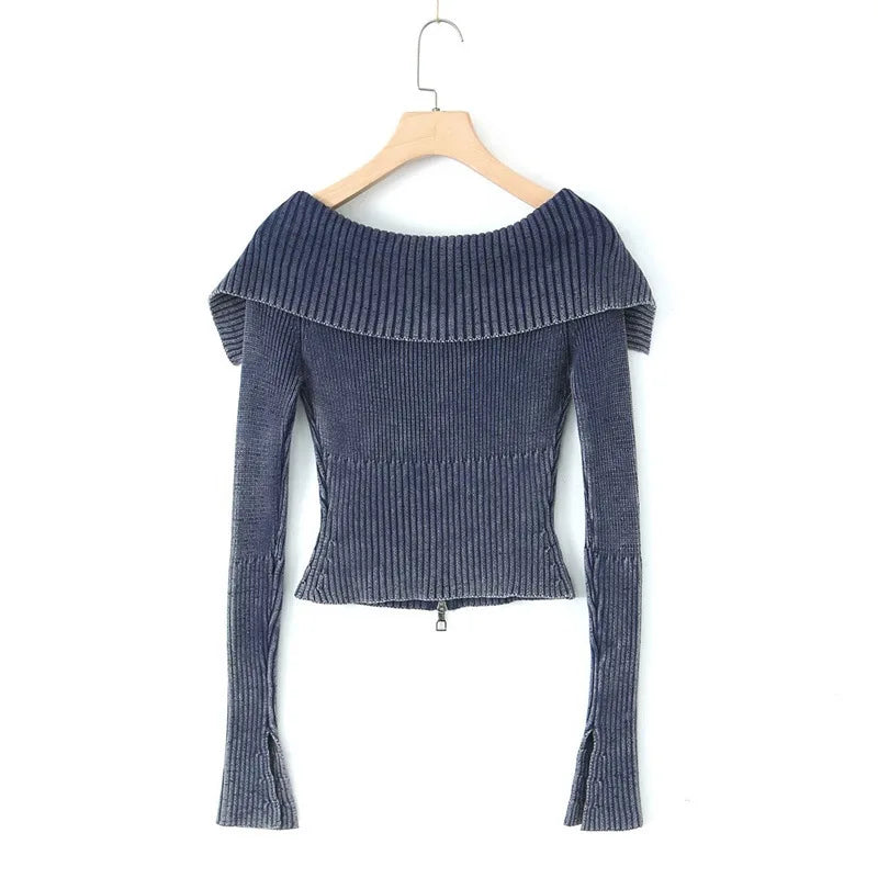 Knitted Cardigan Big Lapel Off Shoulder Full Sleeve Midriffbaring Sweater Female Autumn New