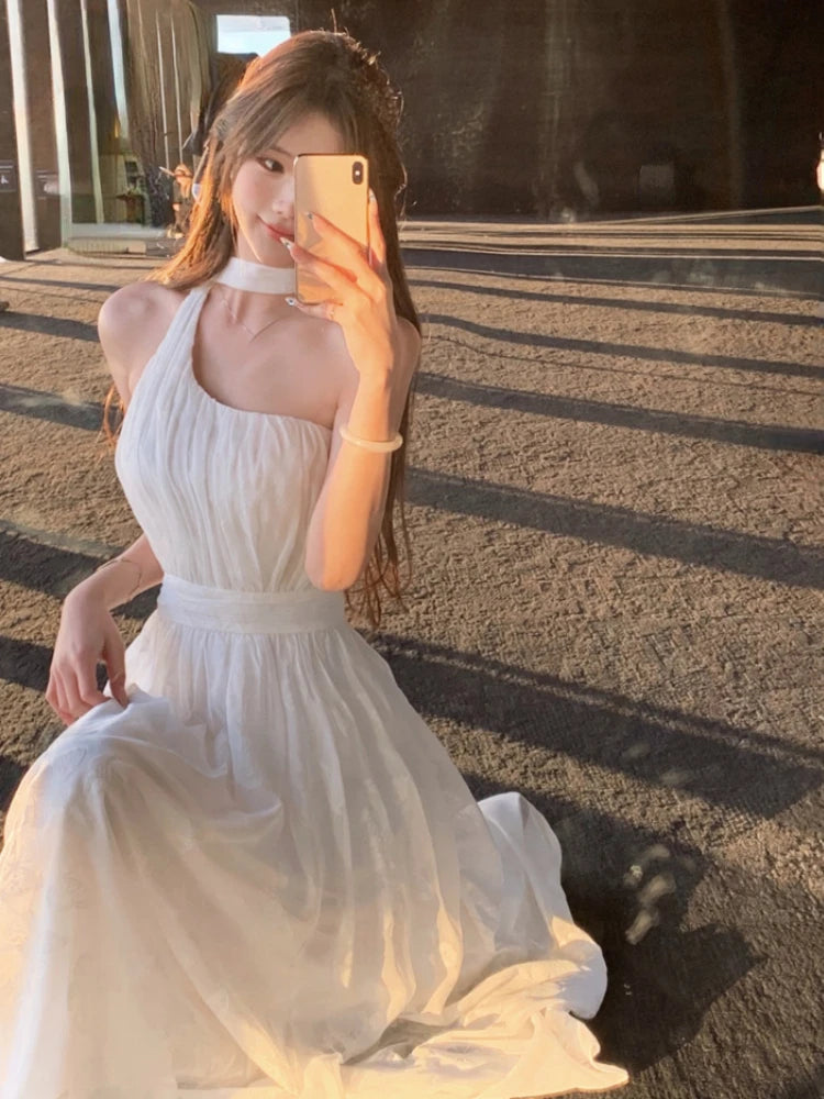 Sweet Blue Chiffon Dress Beach White Midi Dress Korean Evening Party Sleeveless Y2k Summer