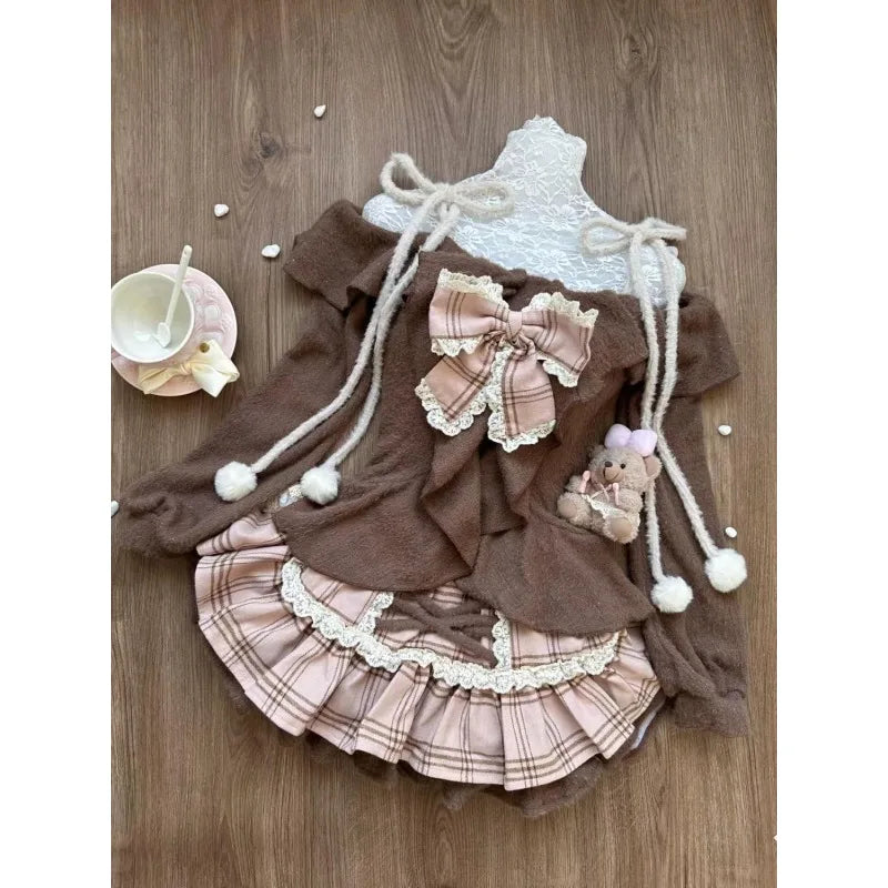 2000s Y2k Suits Retro Brown Crop Tops Sweater + Mini Skirt Japanese Kawaii 2 Piece Sets Korean Party Clothing