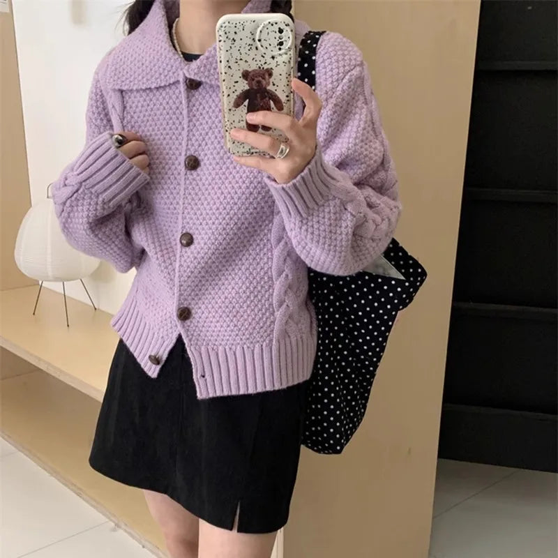 Japanese Lazy Lapel Cardigan Female Sueter Mujer New Age Reduction Sweet Sweater Coat Soft Waxy Knit Cardigan