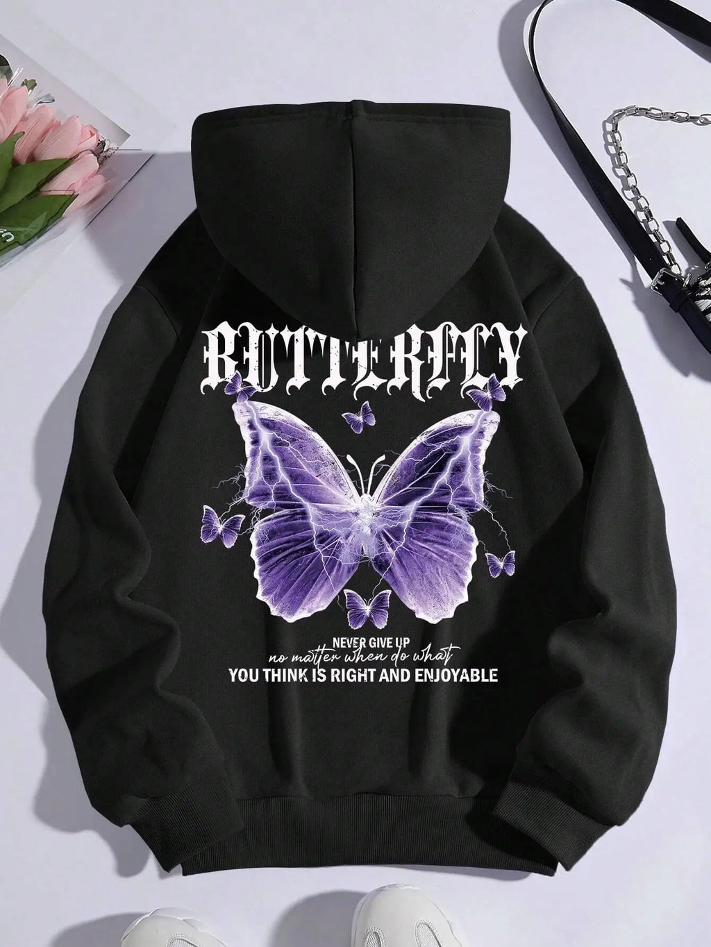 Purple Butterfly Printing Hoodies Fleece Pocket Hoody Simple Hoodie Autumn Loose Female