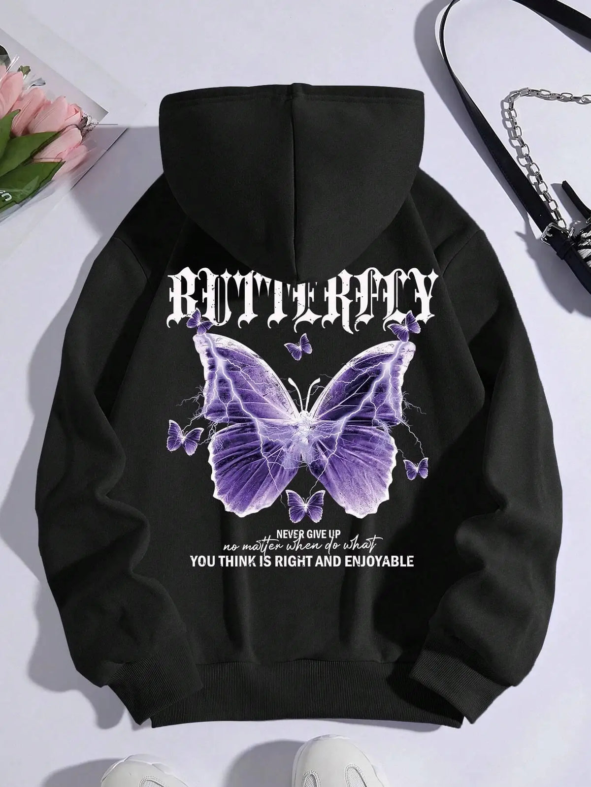 Purple Butterfly Printing Hoodies Fleece Pocket Hoody Simple Hoodie Autumn Loose Female